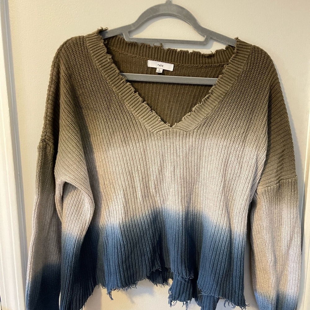 Fate Brown and Blue V-Neck Sweater Gradient Knit